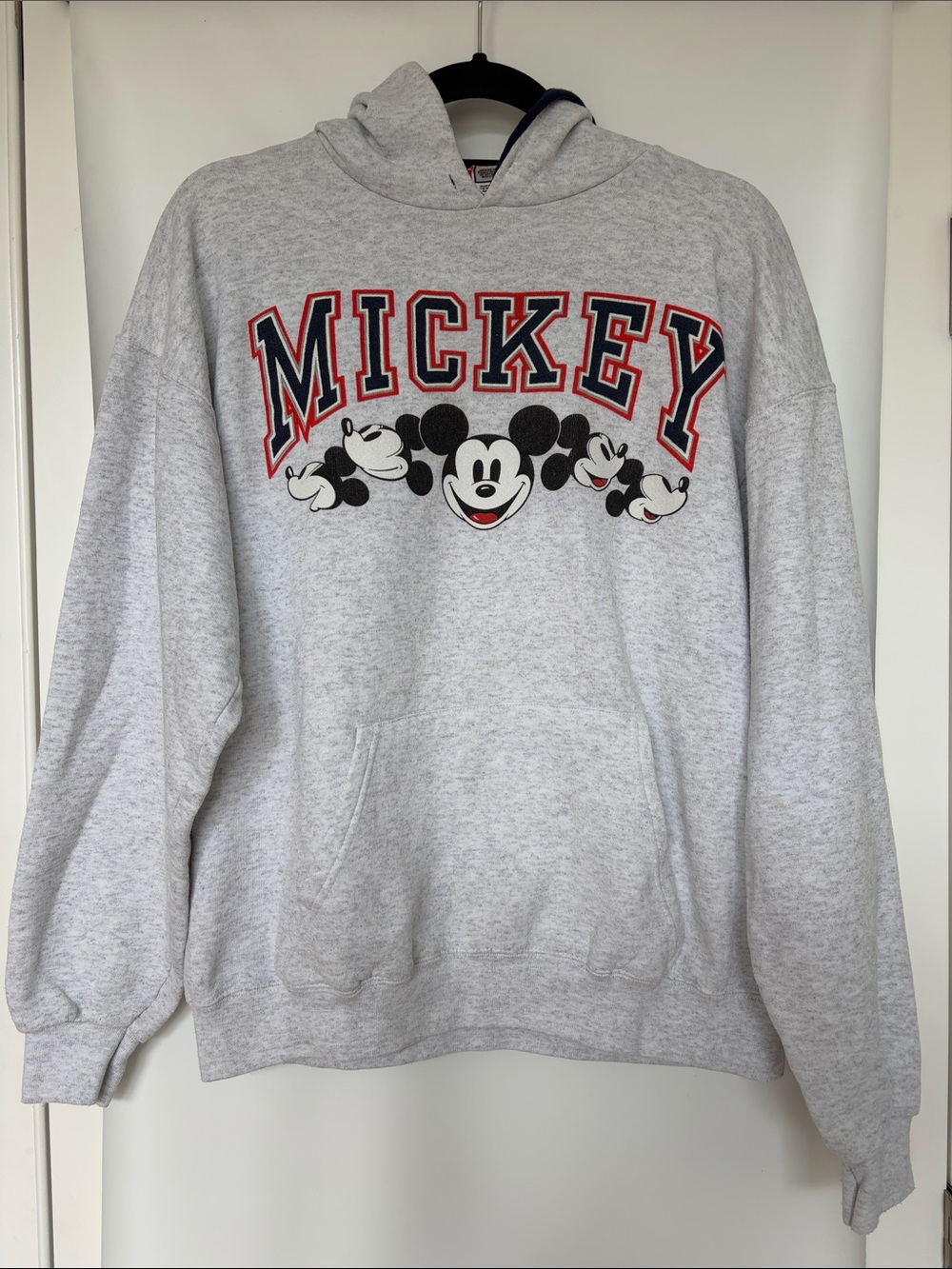 Vintage 90s Disney Designs Mickey Gray Hoodie with Red-Outlined MICKEY Graphic